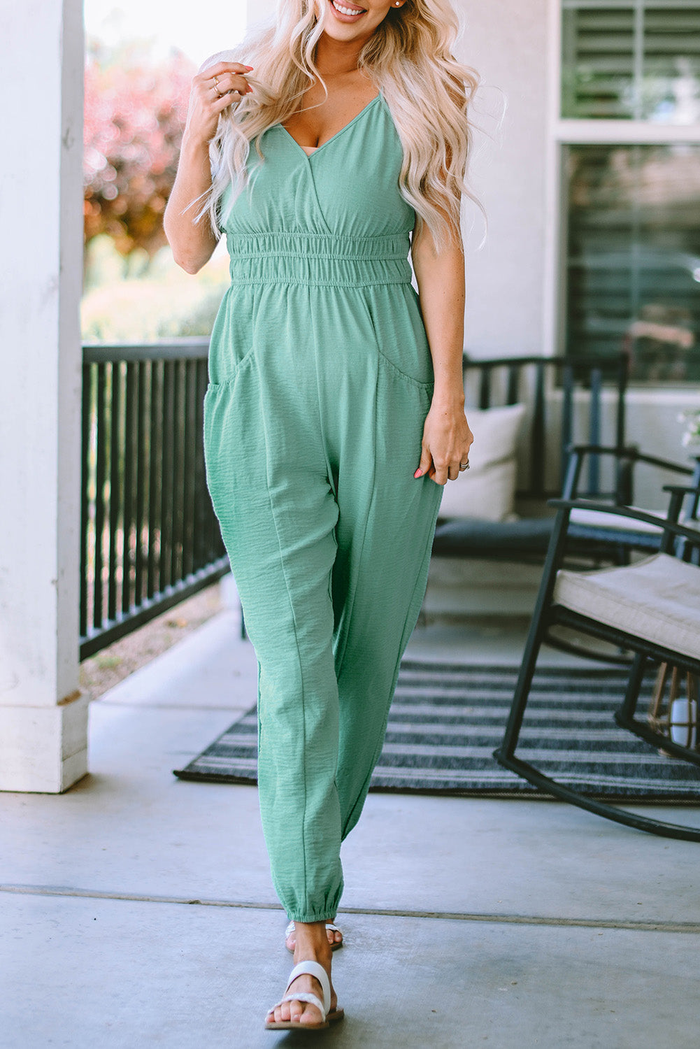 Shirred High Waist Sleeveless V Neck Jumpsuit | Green