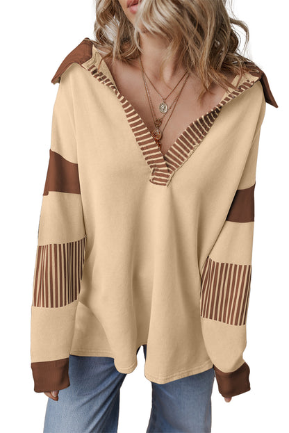 Striped Colourblock Patchwork Collar Sweatshirt | Light French Beige