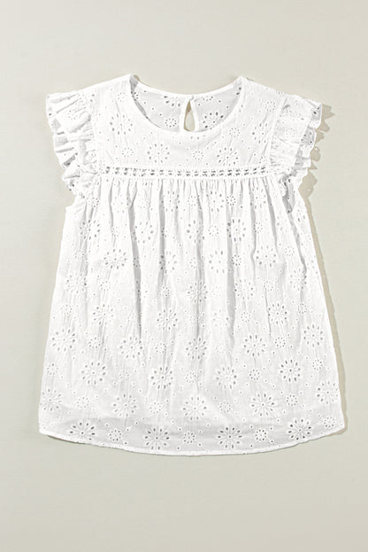 Eyelet Embroidered Ruffled Flutter Sleeve Blouse | White