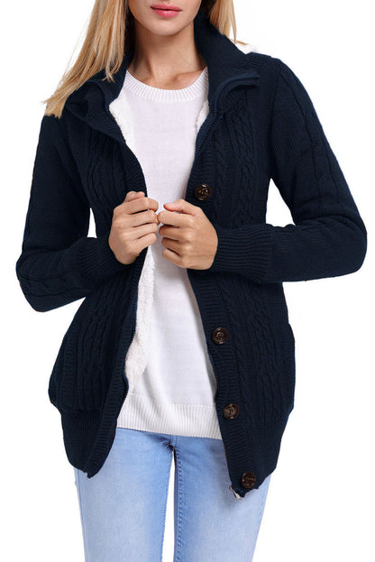 Long Sleeve Button-Up Hooded Cardigans | Navy Blue