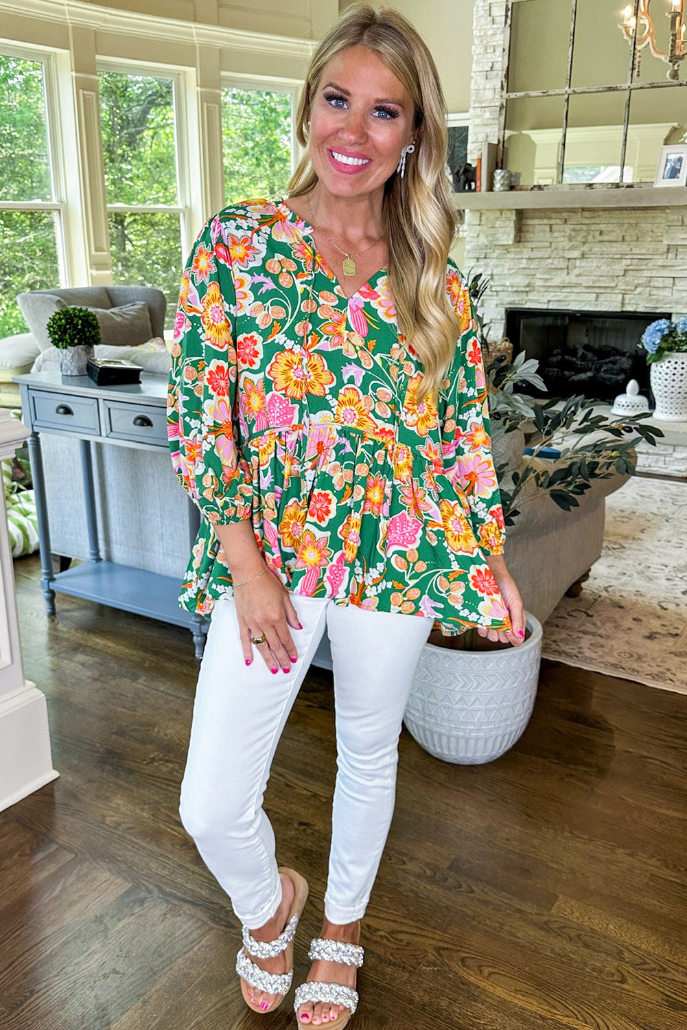 Floral Puff Sleeve V Neck Peplum Blouse | Green