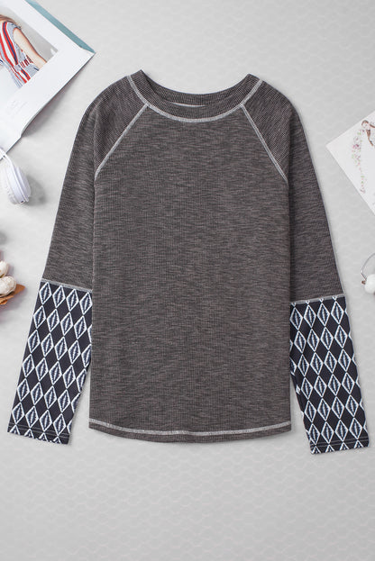 Aztec Patchwork Ribbed Long Sleeve Top | Gray