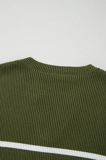 Ribbed Knit Henley Buttons Slim Fit Sweater | Green Stripe