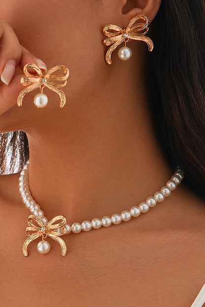 Rhinestone Pearl Bow Decor Plated Necklace And Earrings Set | Gold