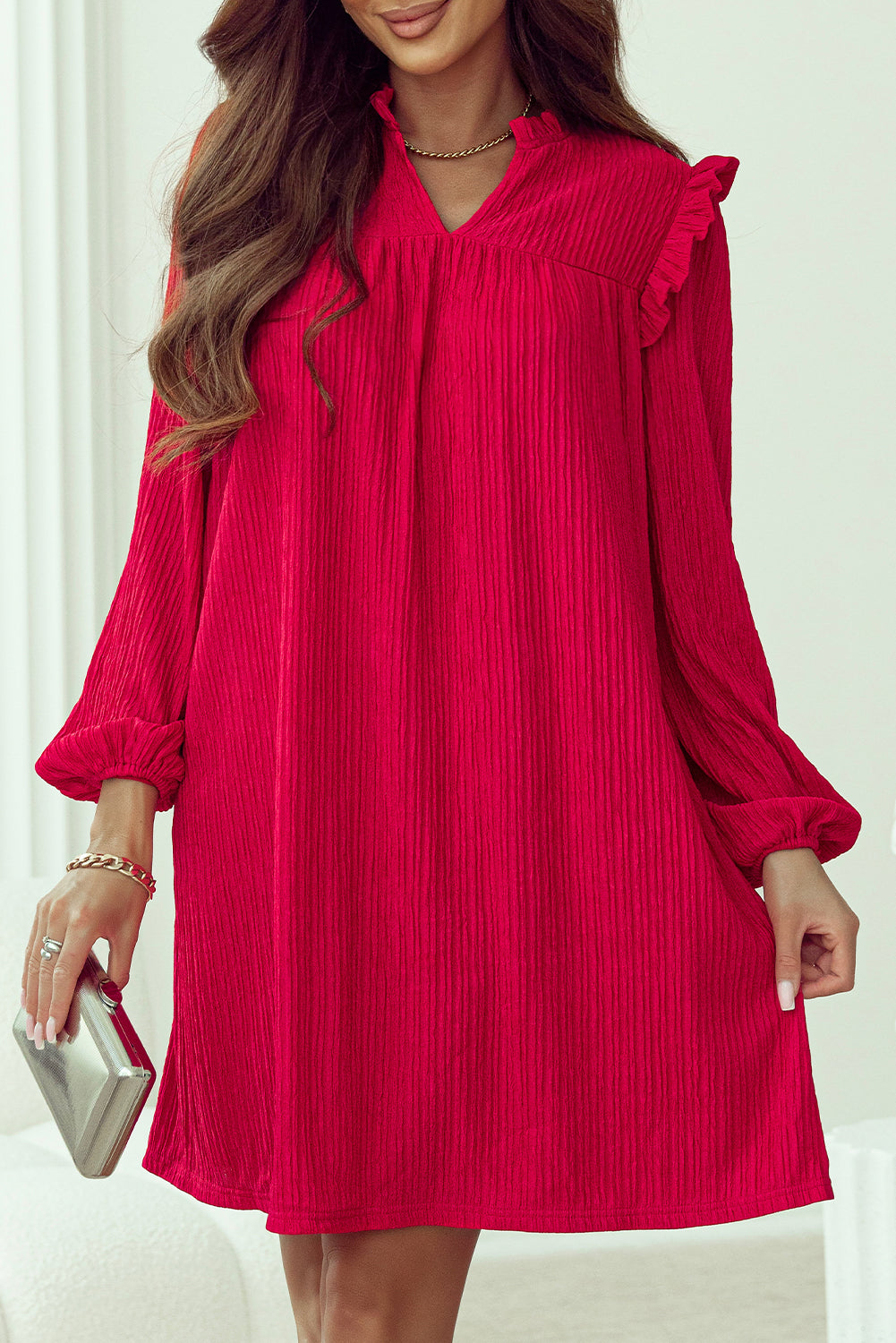 Textured Ruffled Trim V Neck Loose Fit Mini Dress | Fiery Red