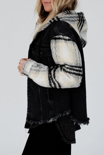 Plaid Sleeve Frayed Hem Hooded Denim Jacket | Black