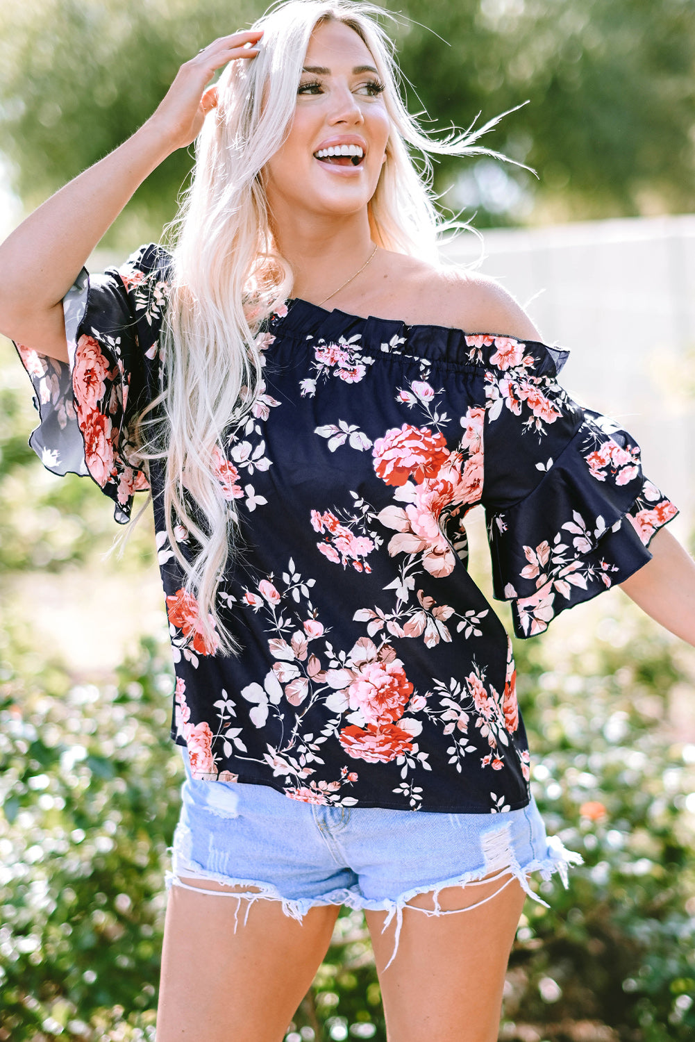 Ruffle Off Shoulder Flounce Sleeve Floral Blouse | Blue