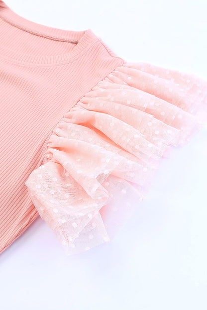 Dotty Mesh Ruffle Sleeve Ribbed Knit Top | Pink