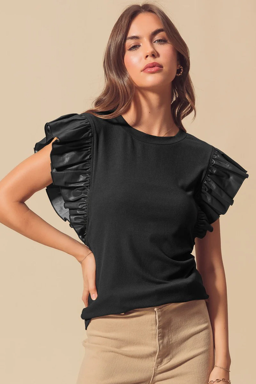 Leather Ruffle Sleeve Patchwork Round Neck Blouse | Black