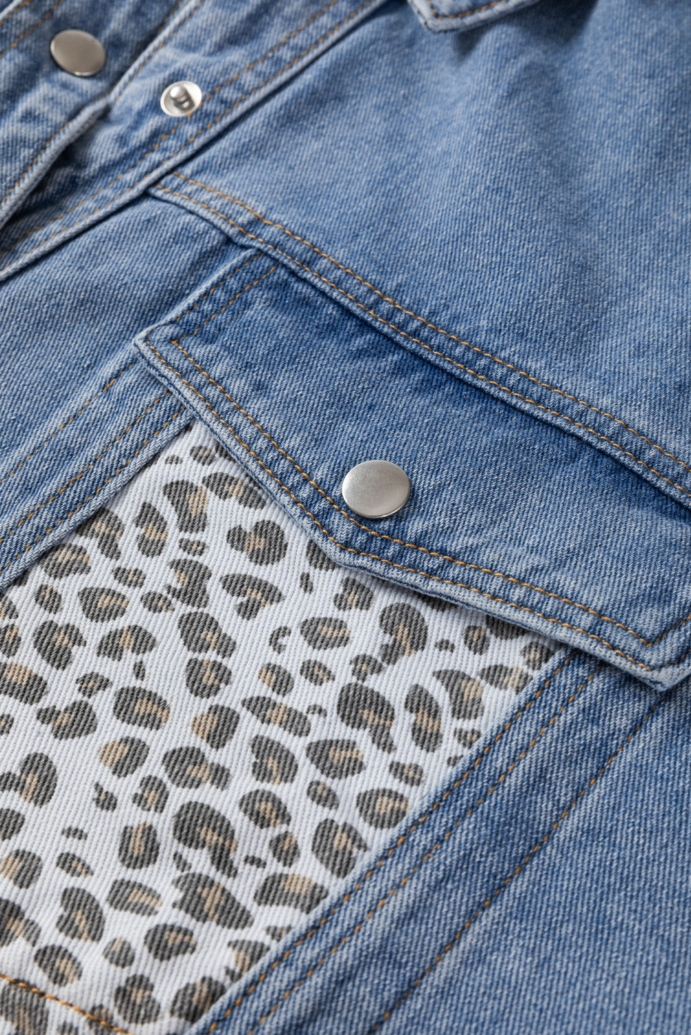 Leopard Patchwork Flap Detail Plus Size Denim Jacket | Beau Blue