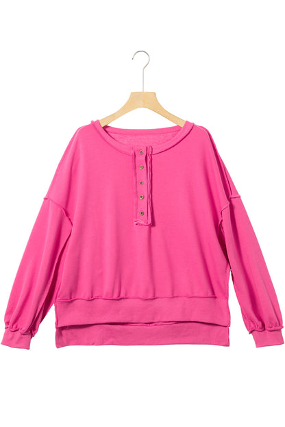 Drop Shoulder Henley Buttons Sweatshirt | Strawberry Pink