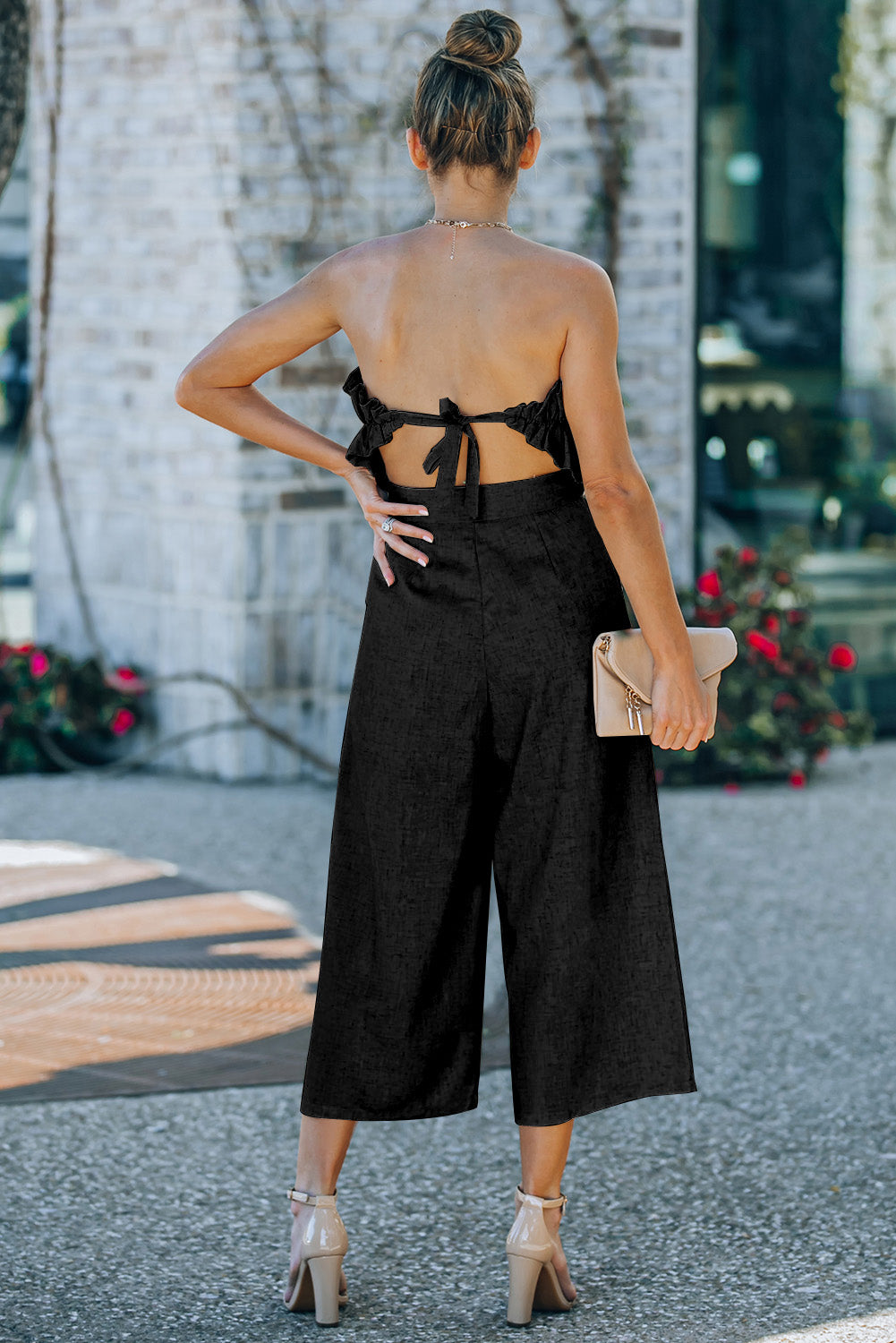 Ruffled Strapless Wide Leg Jumpsuit | Black