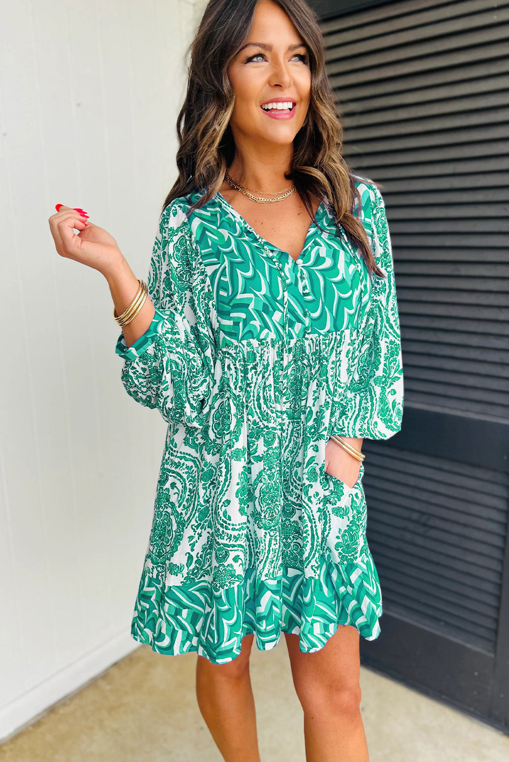 Bohemian Print Puff Sleeve Tied V Neck Flared Mini Dress | Green