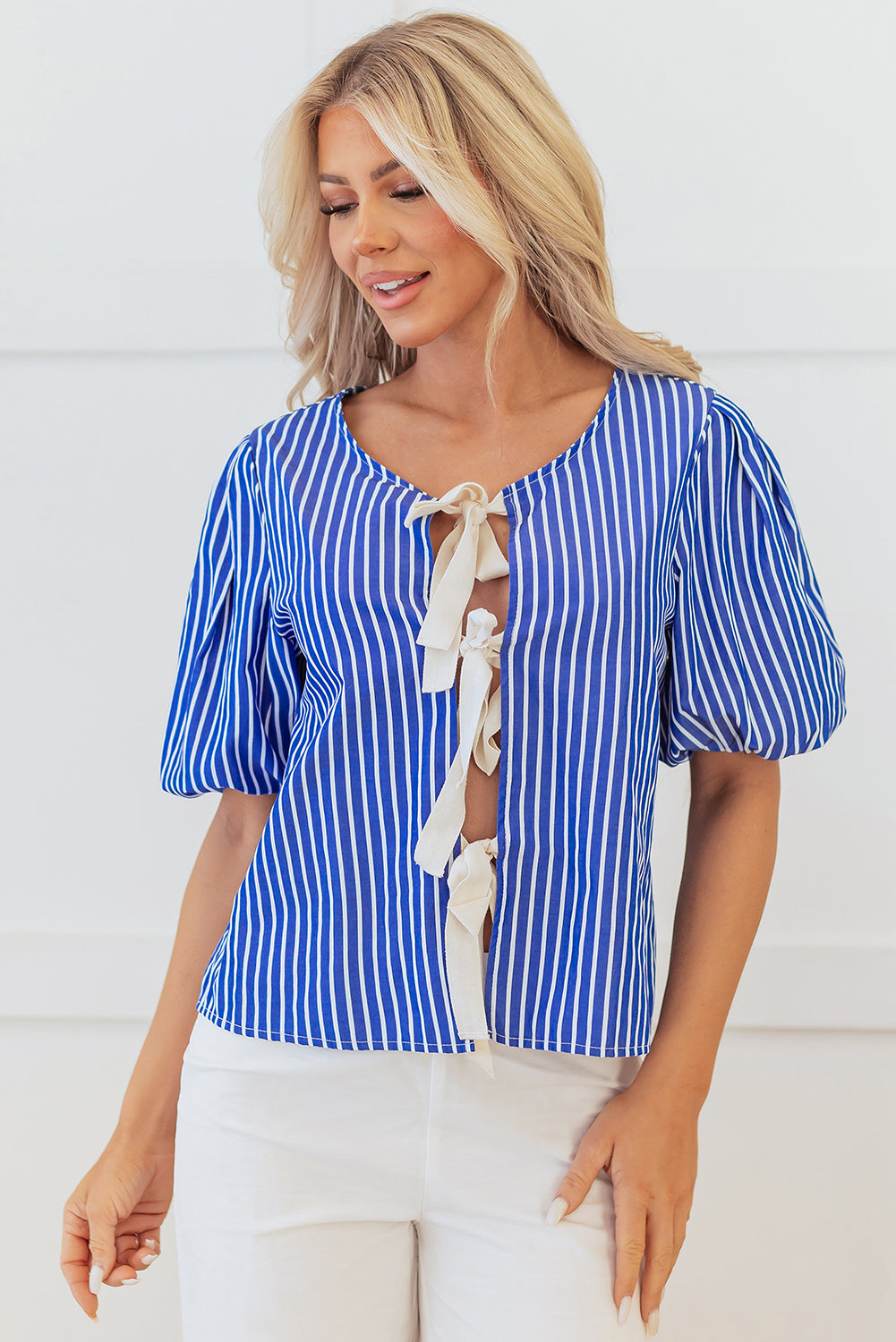 Tied Front Puff Short Sleeve Blouse | Blue Stripe