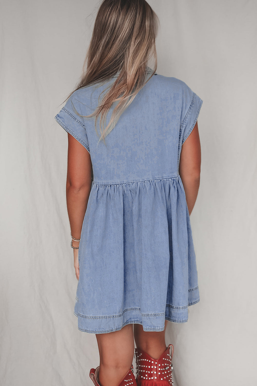 Lapel Neck Cap Sleeve High Waist Denim Babydoll Dress | Beau Blue