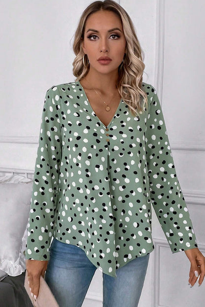 Polka Dot Print Button Front V Neck Blouse | Green