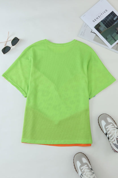 Colour Block Leopard Waffle Knit Patchwork T-Shirt | Green