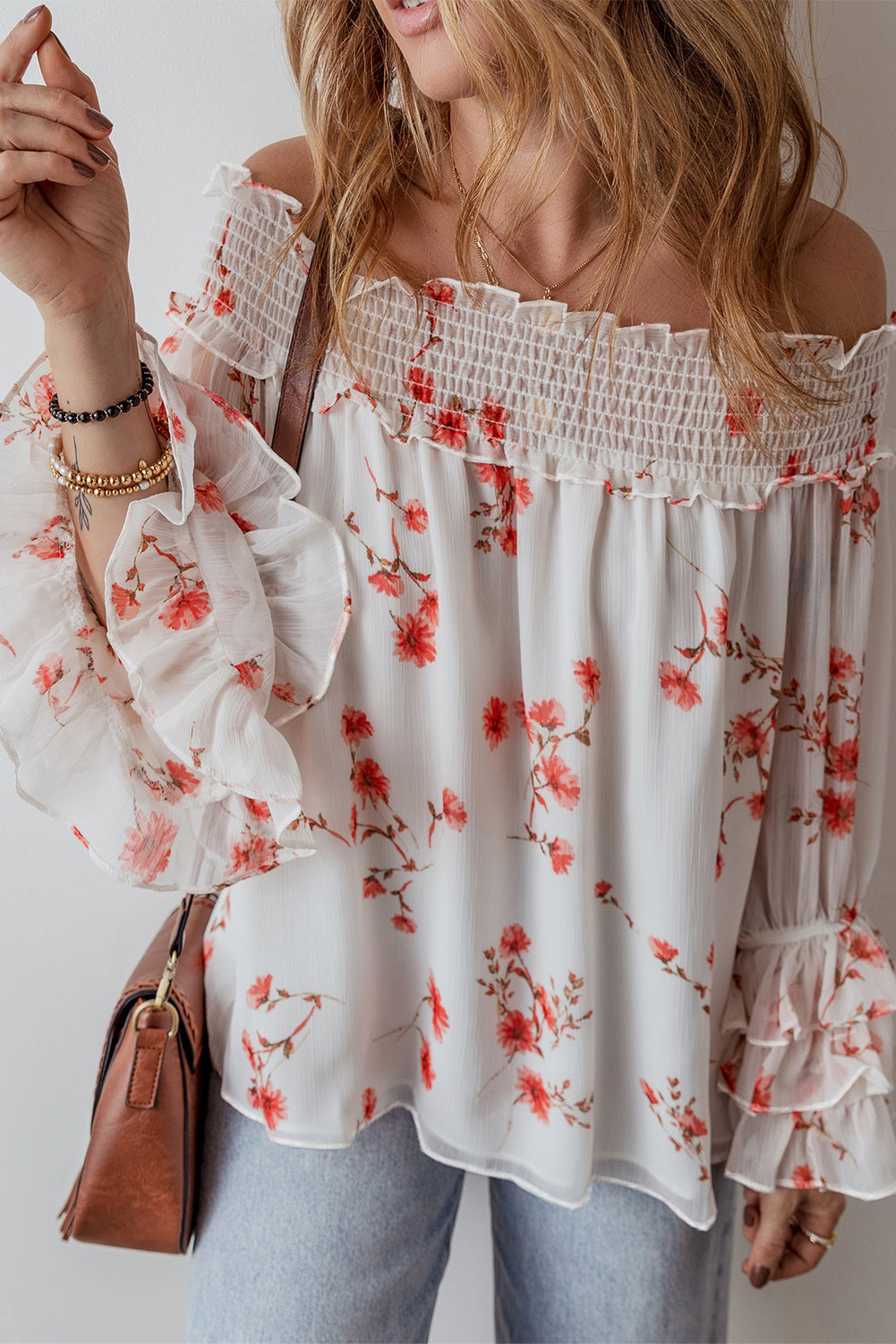 Floral Print Shirred Off Shoulder Ruffled Sleeve Blouse | White