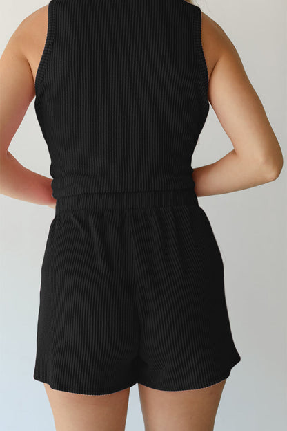 Corded Sleeveless Top And Pocketed Shorts Set | Black