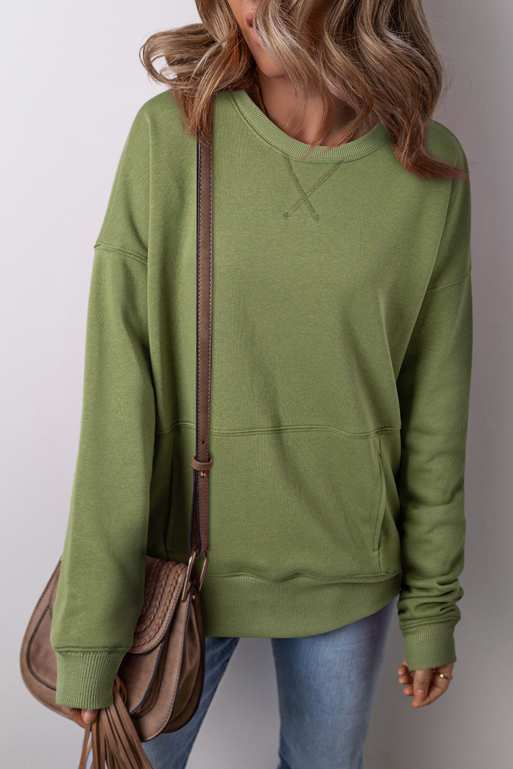 Drop Shoulder Crisscross Stitching Pocketed Loose Sweatshirt | Vineyard Green