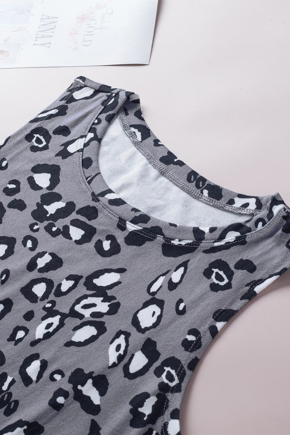 Leopard Print Crew Neck Tank Top | Gray