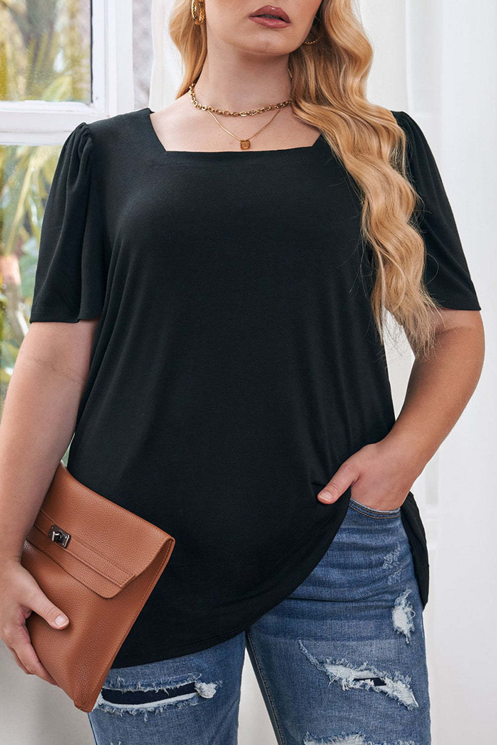 Plus Size Square Neck Ruched Shoulder Short Sleeve Top | Black