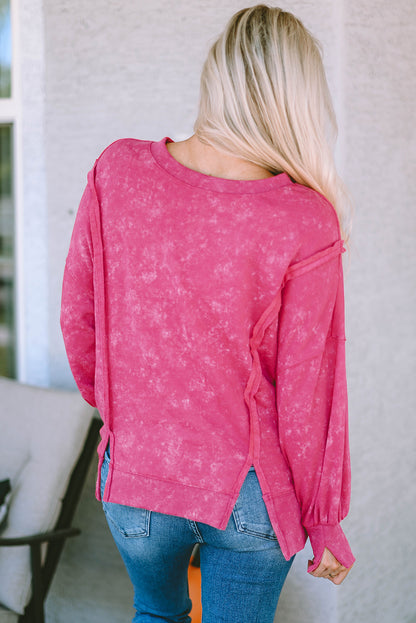 Acid Wash Relaxed Fit Seamed Pullover Sweatshirt With Slits | Rose