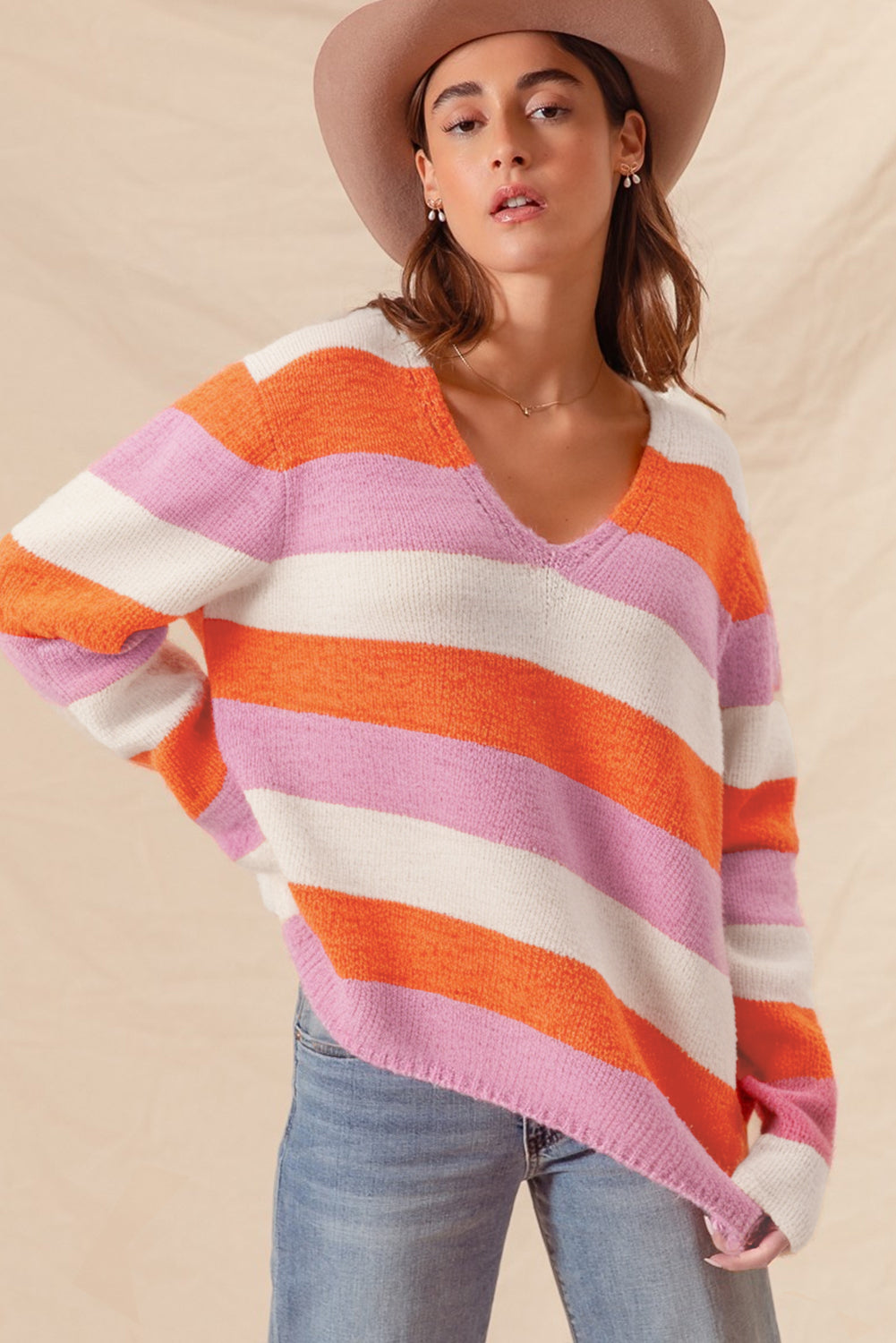 Colourblock V Neck Casual Sweater | Orange Stripe