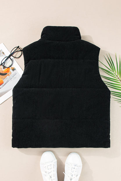 Corduroy Stand Neck Zipped Puffer Vest | Black