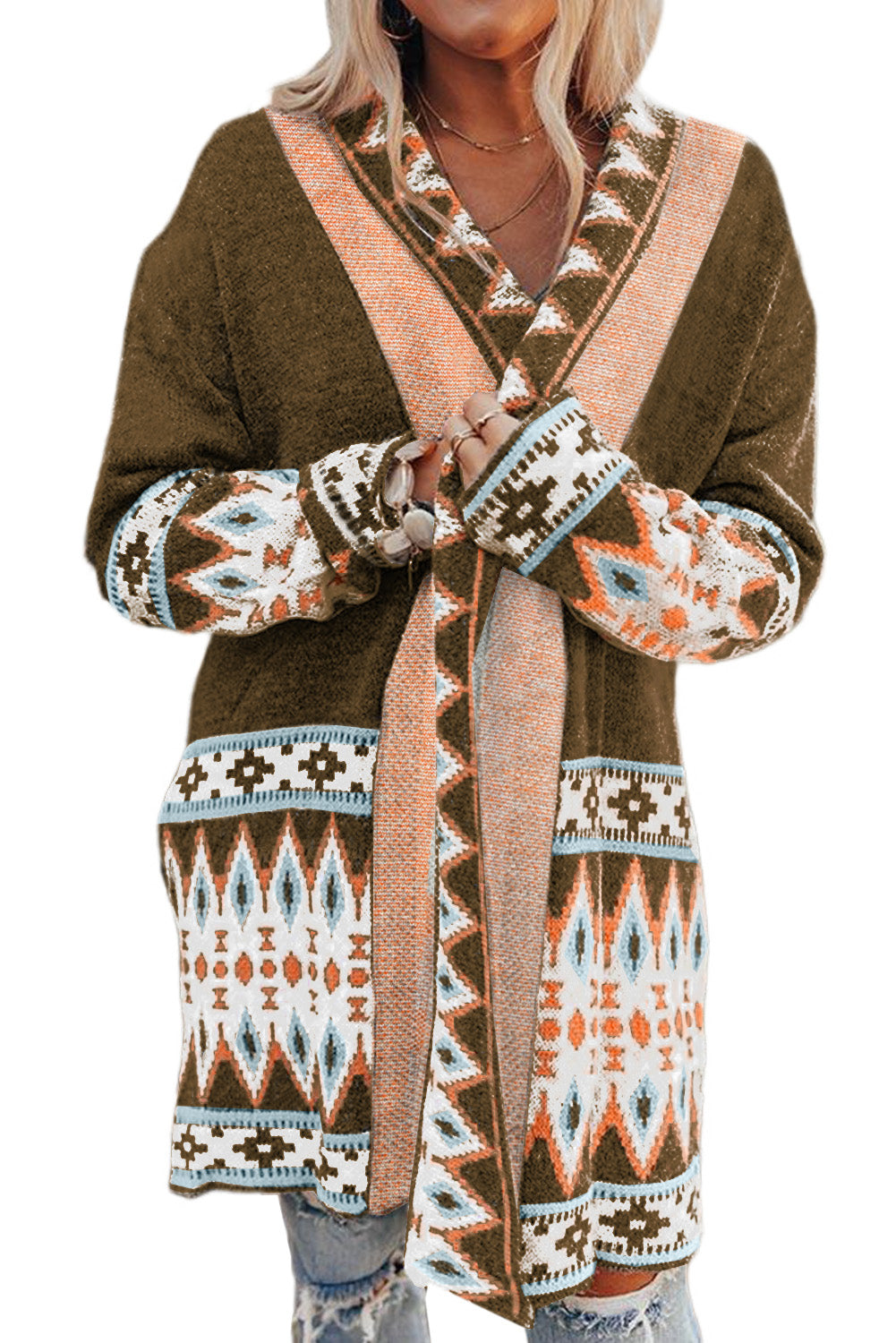 Aztec Print Open Front Knitted Cardigan | Brown