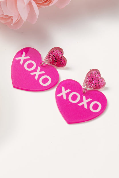 Valentine Xoxo Print Double Heart Shape Earrings | Rose Red