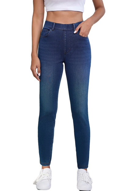 Multiple Pockets Straight Leg Washed Stretchy Knit Casual Jeans | Ashleigh Blue