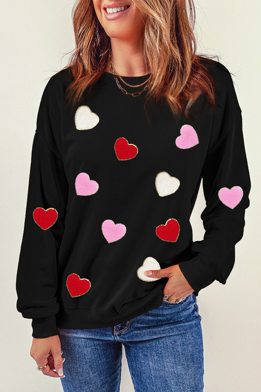 Heart Shaped Chenille Embroidered Crew Neck Sweatshirt | Black