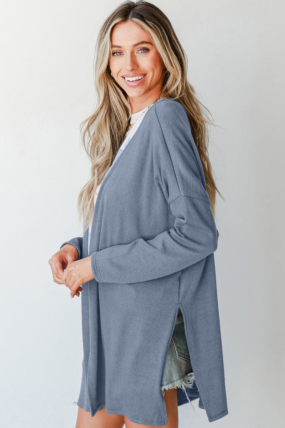 Solid Colour Rib Knit Open Front Tunic Cardigan | Ashleigh Blue