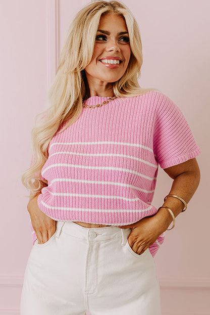 Ribbed Loose Plus T Shirt | Pink Stripe