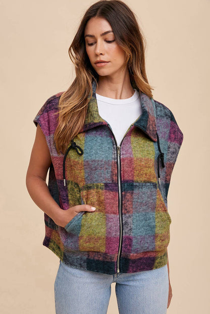 Plaid Print Side Pockets Zipped Loose Vest | Multicolour