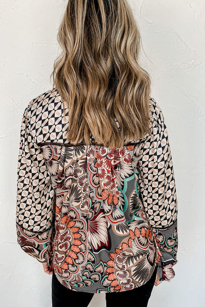 Mixed Floral Geometric Print Ruffled Long Sleeve Blouse | Black