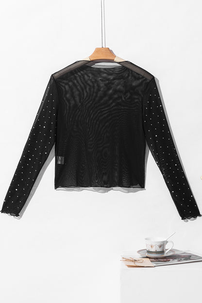 Rhinestone Sheer Mesh Slim Fit Long Sleeve Top | Black