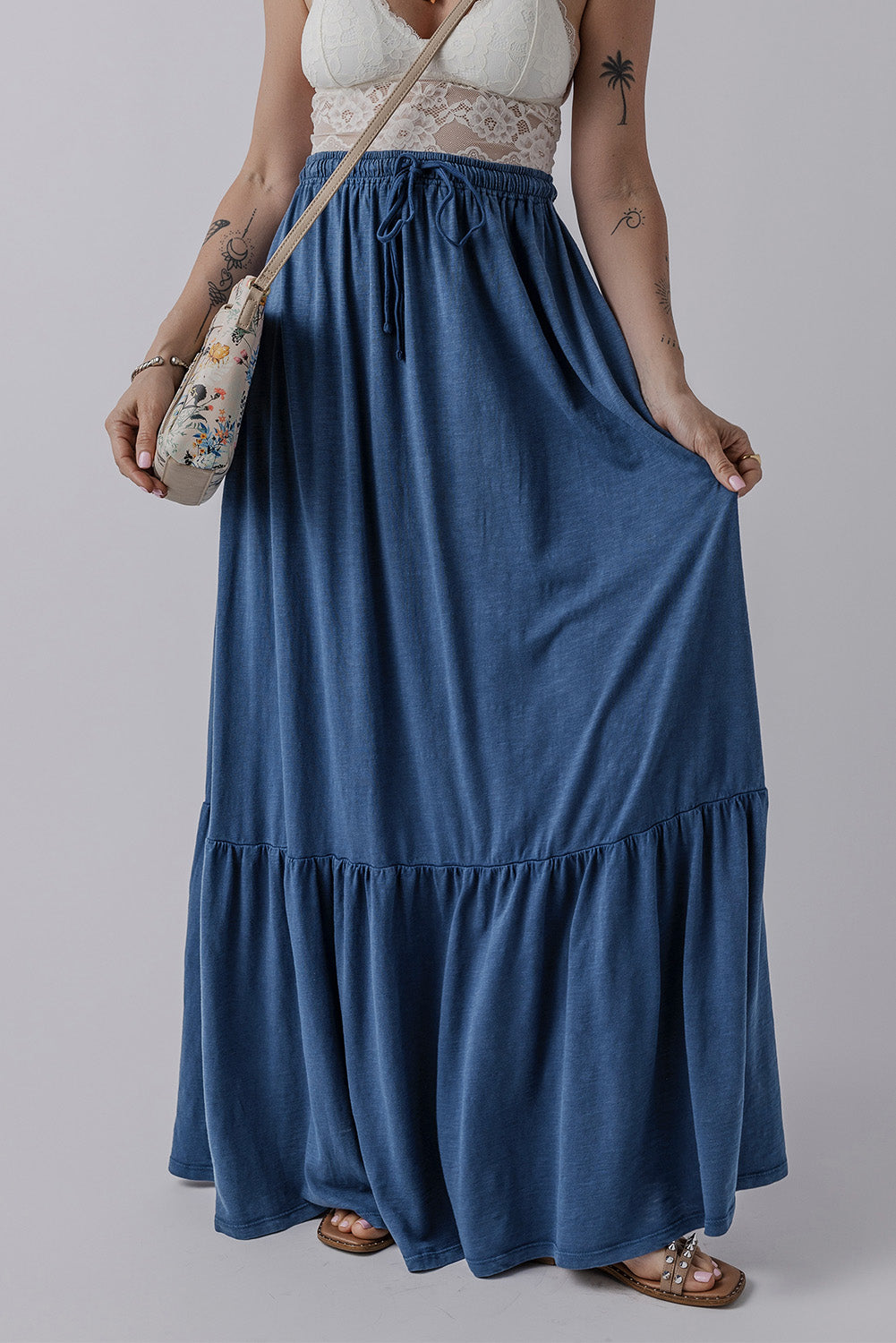 Solid Colour Lace Up High Waist Tiered Maxi Skirt | Sail Blue