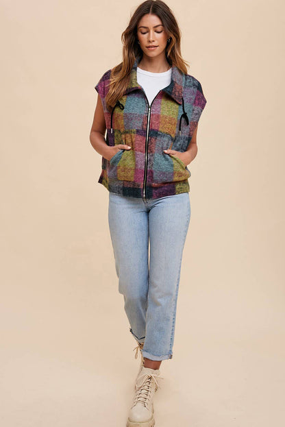 Plaid Print Side Pockets Zipped Loose Vest | Multicolour