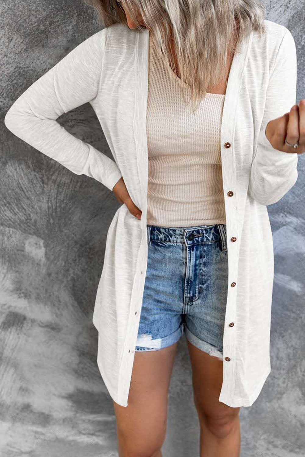 Solid Colour Open-Front Buttons Cardigan | White