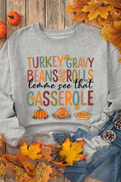 Thanksgiving Slogan Pumpkin Turkey Pie Graphic Sweatshirt | Gray