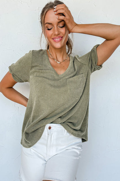 Twist Short Sleeve Corded V Neck Top | Laurel Green