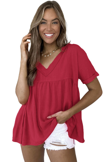 Fiery  Frayed V Neck Ruffled Babydoll Blouse | Red