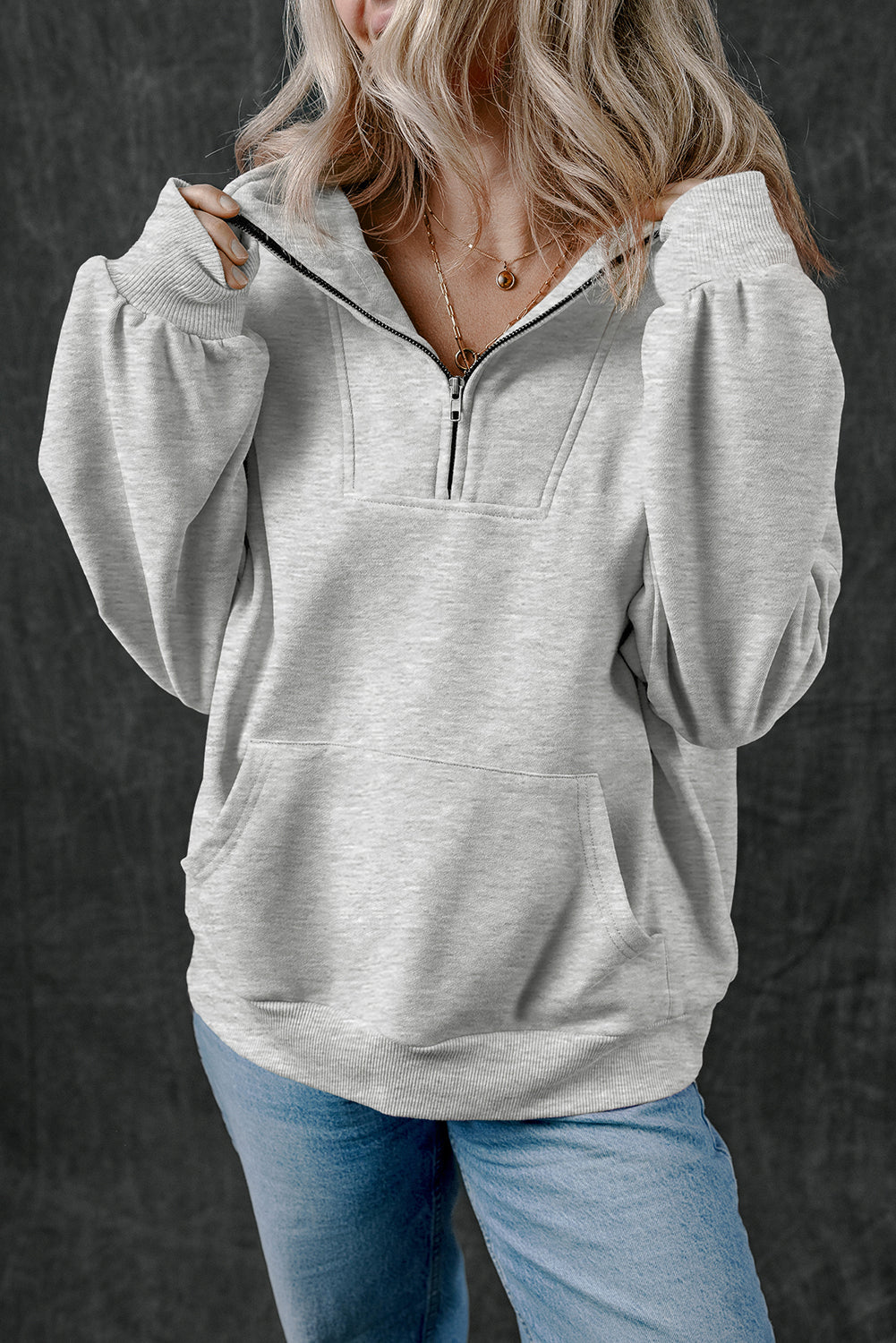 Zip-Up Stand Neck Kangaroo Pocket Sweatshirt | Light Grey