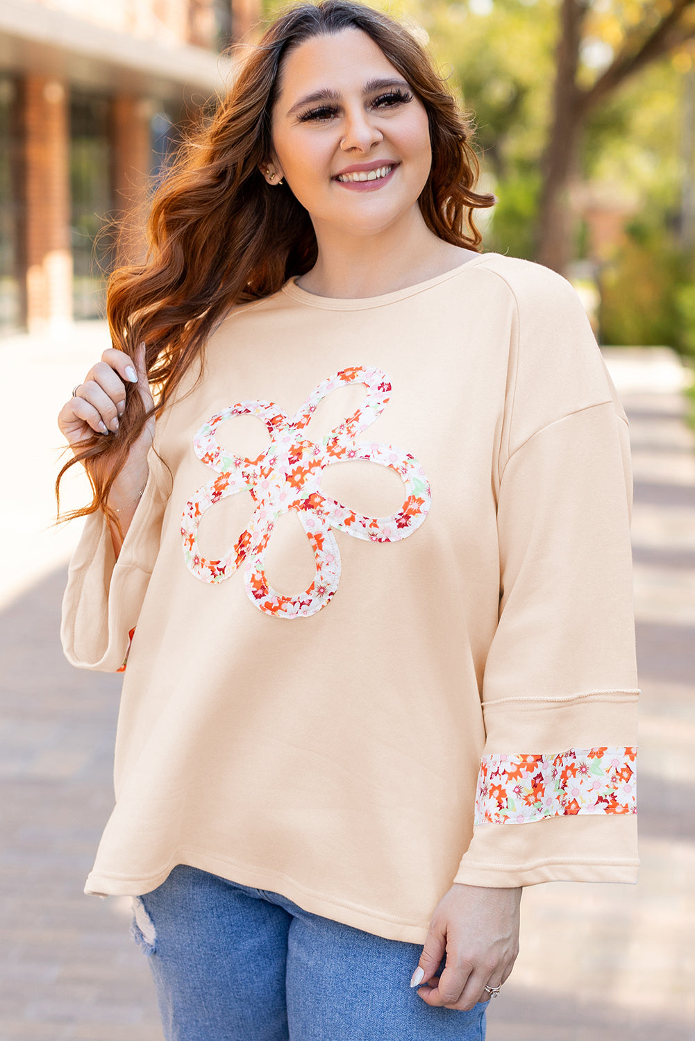 Plus Size Flower Patched Side Slits Crewneck Top | Beige