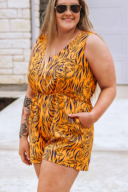 Plus Size Tiger Print Sleeveless V Neck Romper | Yellow