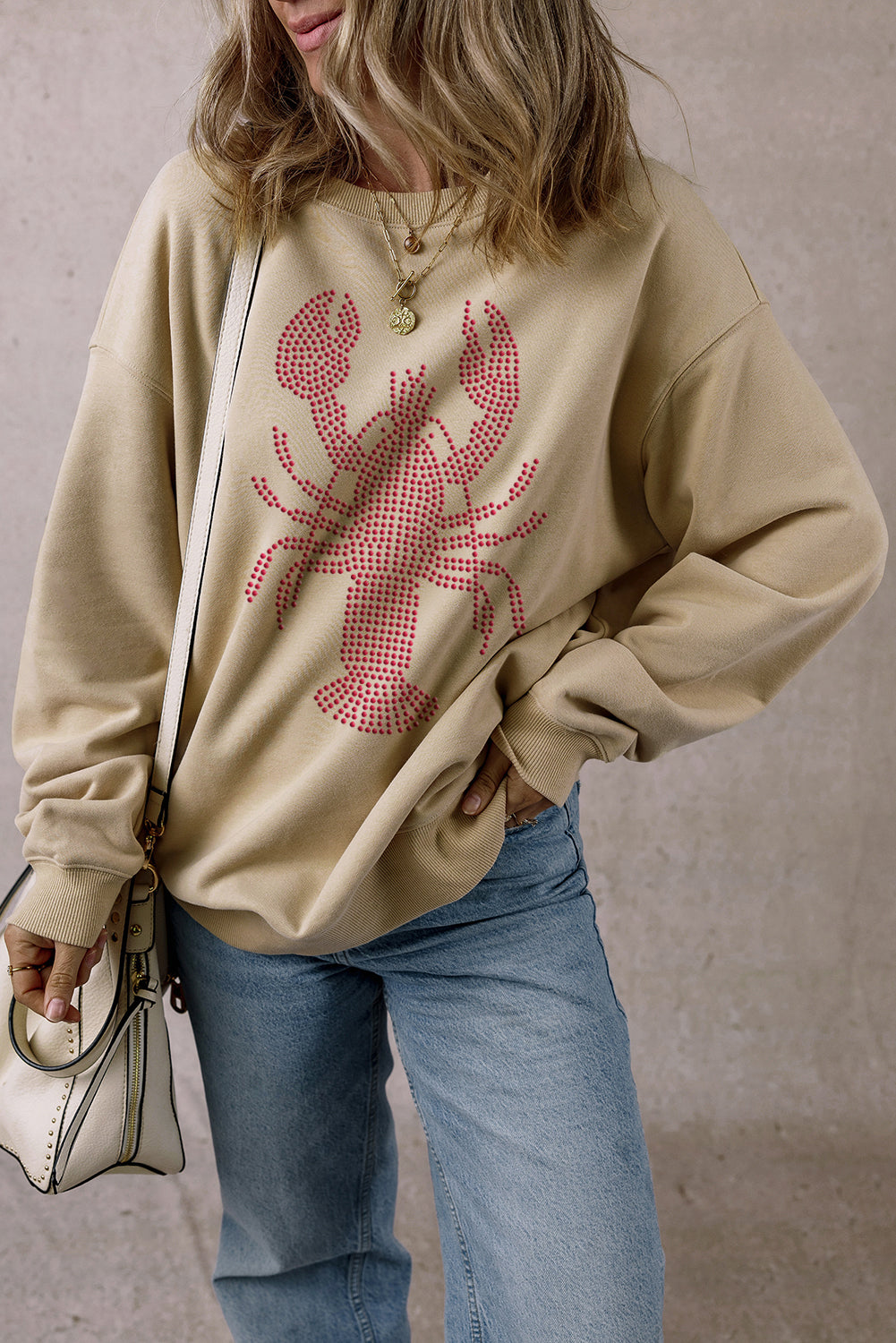 Rhinestone Crawfish Graphic Crewneck Oversized Sweatshirt | Parchment