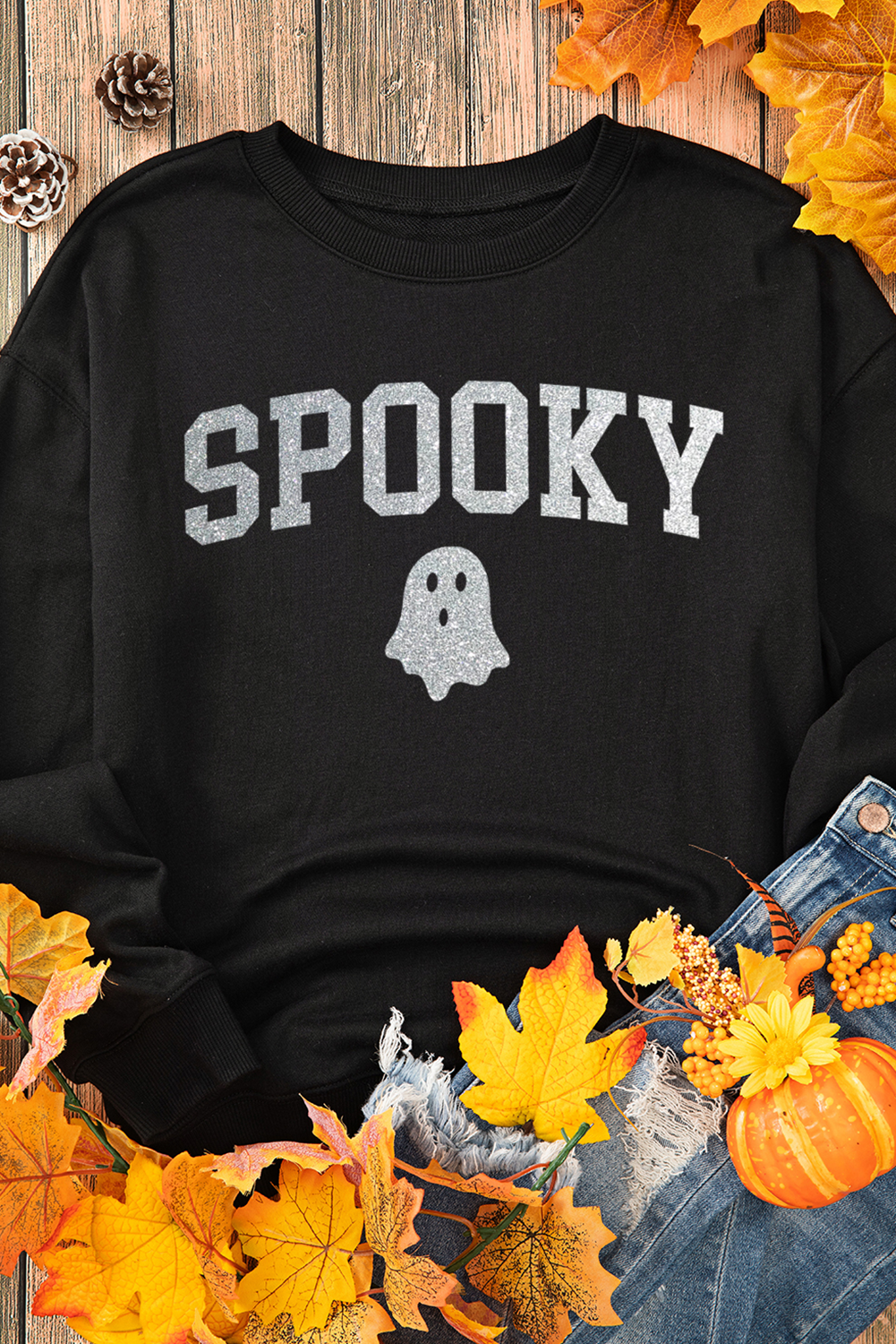 Glitter Spooky Ghost Pattern Crew Neck Halloween Sweatshirt | Black