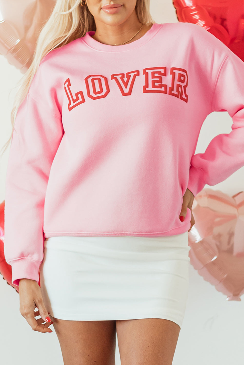 Lover Puff Print Drop Shoulder Pullover Sweatshirt | Pink